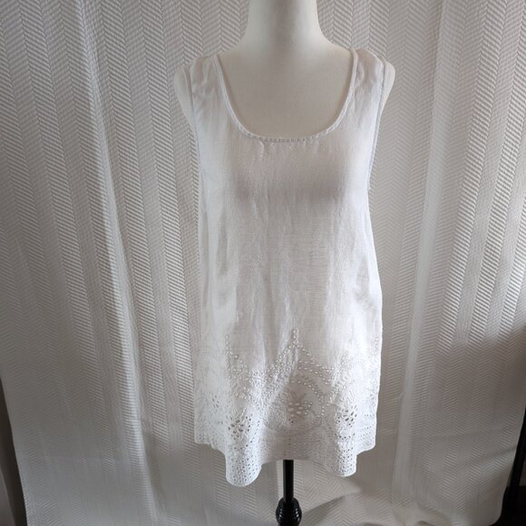 Cynthia Rowley Tops - Cynthia Rowley 100% White  Linen Sleeveless Top Embroidered Hem Medium Coastal